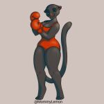  absurd_res battocks black_body black_skin boxing boxing_gloves butt clothing cougar felid feline female fur green_eyes grey_body grey_fur grey_skin handwear hi_res mammal mommylemon pantherine red_costume solo sport swimwear 