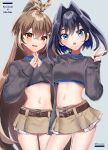  2girls bangs belt black_hair blue_eyes blue_hair blue_shirt blush bow bow_earrings brown_belt brown_eyes brown_hair brown_skirt cropped_shirt cropped_sweater earrings feather_hair_ornament feathers grey_sweater hair_between_eyes hair_intakes hair_ornament highres hololive hololive_english jewelry kimuouoo long_hair long_sleeves looking_at_viewer midriff miniskirt multicolored_hair multiple_girls nanashi_mumei navel open_mouth ouro_kronii ponytail ribbon_earrings rune_hair_ornament runes shirt short_hair side-by-side simple_background skirt sleeves_past_fingers sleeves_past_wrists standing steepled_fingers stomach streaked_hair sweater twitter_username v very_long_hair virtual_youtuber white_hair 