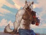  2022 anthro beach biceps bottomwear canid canine canis clothed clothing detailed_background digital_media_(artwork) fur hi_res male mammal muscular muscular_anthro muscular_male nipples outside pecs seaside shirtless solo taran_fiddler wolf 