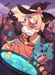  1girl black_headwear blonde_hair blue_eyes breasts cleavage cynthia_(pokemon) dress gible gloves hair_ornament halloween_costume hat highres long_hair medium_breasts open_mouth orange_dress pokemon pokemon_(creature) pokemon_(game) pokemon_dppt smile tongue tongue_out touyarokii twitter_username witch witch_hat zubat 