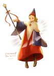  1girl absurdres blonde_hair boots brown_footwear casting_spell final_fantasy final_fantasy_v hat highres holding holding_wand komugiko_no_mori krile_mayer_baldesion ponytail red_robe robe square_enix time_mage wand wide_sleeves 