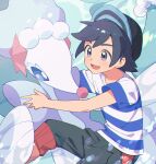  1boy :d bangs black_hair black_headwear blue_shirt blush capri_pants commentary_request elio_(pokemon) grey_eyes grey_pants hat kurochiroko male_focus medium_hair open_mouth pants pokemon pokemon_(creature) pokemon_(game) pokemon_sm primarina shirt short_hair smile striped striped_shirt t-shirt tongue 