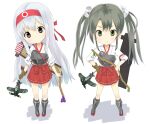  2girls aircraft aircraft_request airplane bow_(weapon) brown_eyes chibi flight_deck green_eyes grey_hair hairband hakama hakama_short_skirt hakama_skirt head_tilt headband japanese_clothes kantai_collection kujira_naoto long_hair looking_at_viewer multiple_girls muneate red_hairband red_hakama red_headband shoukaku_(kancolle) simple_background skirt standing tasuki twintails weapon white_background white_hair zuikaku_(kancolle) 