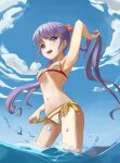  1girl absurdres alternate_hairstyle bikini blue_sky breasts cloud contrapposto day highres keibi_inu long_hair new_game! outdoors purple_eyes purple_hair side-tie_bikini_bottom sky small_breasts solo standing striped striped_bikini suzukaze_aoba swimsuit twintails wading water 