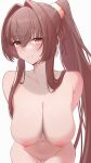  1girl absurdres arms_behind_back breasts brown_hair cleavage completely_nude dongye1551 hair_intakes highres kantai_collection large_breasts long_hair nipples nude ponytail pussy red_eyes smile solo sweat uncensored upper_body white_background yamato_(kancolle) 