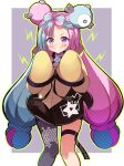  1girl absurdres bangs black_shorts blush border character_hair_ornament commentary_request efu_(ehutan) green_hair grey_background grey_pantyhose grin hair_ornament hands_up highres iono_(pokemon) jacket knees long_hair multicolored_hair pantyhose pink_hair pokemon pokemon_(game) pokemon_sv purple_eyes shorts single_leg_pantyhose sleeves_past_fingers sleeves_past_wrists smile solo teeth thigh_strap twintails two-tone_hair white_border yellow_jacket 
