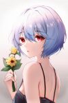  1girl absurdres ayanami_rei bangs bare_shoulders blue_hair flower from_behind gradient gradient_background grey_background highres holding holding_flower light_particles looking_at_viewer looking_back neon_genesis_evangelion parted_lips red_eyes short_hair sleeveless solo upper_body usagi_(786113654) white_background yellow_flower 