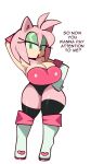  2022 amy_rose anthro big_breasts boots breasts cleavage clothed clothing dialogue eulipotyphlan eyeshadow female fiinel footwear gloves green_eyes hair handwear hedgehog hi_res looking_at_viewer makeup mammal multicolored_body open_mouth pink_body pink_hair sega simple_background solo sonic_the_hedgehog_(series) standing talking_to_viewer tan_body thick_thighs two_tone_body 