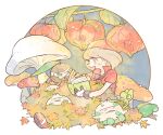  1girl :d autumn_leaves bandana black_gloves book brown_eyes gloves holding holding_book katiko leaf leaf_pile light_brown_hair may_(pokemon) medium_hair multicolored_footwear mushroom nuzleaf open_book open_mouth pokemon pokemon_(creature) pokemon_(game) pokemon_rse red_bandana short_sleeves shroomish smile treecko two-tone_gloves white_gloves 