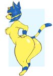  2022 animal_crossing ankha_(animal_crossing) anthro anus blue_hair bodily_fluids breasts bustingmangos butt digital_media_(artwork) domestic_cat egyptian eyelashes felid feline felis female fur genital_fluids genitals hair hand_on_breast hand_on_butt hi_res looking_at_viewer looking_back looking_back_at_viewer mammal markings multicolored_body multicolored_fur nintendo nipples nude presenting presenting_hindquarters presenting_pussy pussy pussy_juice pussy_juice_string side_boob simple_background solo tail_markings thick_thighs two_tone_body two_tone_fur video_games yellow_body yellow_fur 