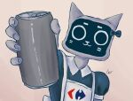  2022 absurd_res ambiguous_gender anthro apron bellabot beverage_can bow_(feature) carrefour clothing domestic_cat felid feline felis front_view grey_body hi_res kerfus lemurekogurek logo looking_at_viewer mammal offering_to_viewer screen screen_face smile solo 