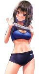  1girl ass_visible_through_thighs bangs black_buruma black_hair breasts buruma cleavage closed_mouth clothes_lift contrapposto cowboy_shot gym_shirt gym_uniform head_tilt highres lifted_by_self long_hair looking_at_viewer medium_breasts navel original red_eyes shirt shirt_lift short_sleeves simple_background smile solo sports_bra stomach white_background yukemuriganmo 