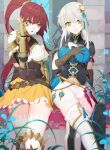  2girls annis_(dungeon_and_fighter) brown_hair dress dungeon_and_fighter gloves green_eyes hand_on_own_chest highres knight_(dungeon_and_fighter) long_hair long_sleeves medium_hair multiple_girls nami_qi original parted_lips ponytail shorts teeth upper_body white_hair 