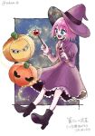  1girl beauty_(bobobo-bo_bo-bobo) blue_eyes blush bobobo-bo_bo-bobo dress earrings full_body glasses halloween hat highres jewelry open_mouth pink_hair pumpkin short_hair smile solo takana_bb witch_hat 