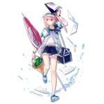  1boy animal_ears ansel_(arknights) ansel_(casual_vacation)_(arknights) arknights artist_request bangs beach_chair beach_umbrella blue_sailor_collar blue_shorts blush bucket clipboard commentary_request crossed_bangs cup drinking_straw flower food fruit full_body hair_flower hair_ornament hat hat_removed headwear_removed hibiscus holding holding_cup looking_at_viewer male_focus navel non-web_source official_art otoko_no_ko pen rabbit_boy rabbit_ears sailor_collar sand seashell shell shorts sitting smile solo source_request star_(symbol) sweat tropical_drink umbrella visor_cap watermelon whistle whistle_around_neck yellow_flower 
