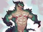  2022 5_fingers abs anthro artist_name biceps biped digital_media_(artwork) dragon fingers green_body hi_res horn male multicolored_body multicolored_scales muscular muscular_anthro muscular_male nude pecs scales simple_background solo spikes taran_fiddler two_tone_body two_tone_scales white_body white_scales 