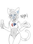  2022 anthro bellabot blue_eyes carrefour chips_(food) collar domestic_cat felid feline felis food front_view glass hi_res kerfus logo looking_at_viewer male mammal navel noodlesderanged open_mouth plate screen screen_face simple_background solo standing white_background white_body 