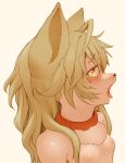  1girl ahoge animal_ears blush breasts collar fang furry hawthorn long_hair nipples open_mouth original red_collar simple_background small_breasts solo tongue tongue_out upper_body whiskers yellow_background yellow_eyes 