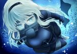  1girl absurdres air_bubble an-94_(girls&#039;_frontline) blonde_hair blue_eyes bodysuit breasts bubble diving_regulator fish flippers freediving girls&#039;_frontline guchagucha highres large_breasts long_hair manta_ray scuba scuba_gear scuba_tank solo wetsuit 