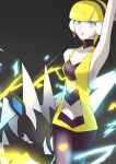  1girl absurdres bangs bare_arms bare_shoulders black_choker black_headphones black_pantyhose blonde_hair blue_eyes blunt_bangs bob_cut breasts choker cleavage dress elesa_(pokemon) highres pantyhose pokemon pokemon_(creature) pokemon_(game) pokemon_bw short_dress short_hair sleeveless sleeveless_dress user_ffgf7255 yellow_dress zebstrika 