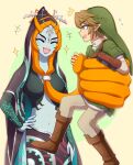  1boy 1girl blonde_hair blue_skin boots brown_footwear closed_eyes colored_skin enni fang front_ponytail green_headwear hand_on_hip hat highres holding hood hood_up link midna midna_(true) navel open_mouth orange_hair pointy_ears the_legend_of_zelda the_legend_of_zelda:_twilight_princess 