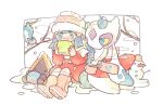  1girl beanie blue_eyes blue_hair boots branch coat cup dawn_(pokemon) froslass hair_ornament hat holding holding_cup katiko long_hair mug pachirisu pink_footwear pokemon pokemon_(game) pokemon_dppt pokemon_platinum pouring red_coat scarf sitting snorunt snow snowman socks white_headwear white_scarf white_socks 