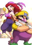  1boy 1girl back-to-back blue_eyeshadow breasts captain_syrup coin earrings eyeshadow facial_hair full_body gonzarez grin highres holding holding_coin jewelry large_breasts lips long_hair makeup mustache one_eye_closed open_mouth pink_nails pink_nose purple_bandana red_eyes red_hair smile wario wario_land wario_land_shake 