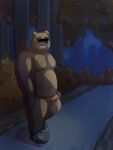  2022 anthro balls blush brown_body detailed_background erection genitals hi_res humanoid_hands kemono kick_(artist) male mammal moobs night nipples outside overweight overweight_male penis plant solo tree ursid 