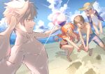  2boys 2girls ayanami_rei ball barefoot beach beachball blue_eyes breasts cloud cloudy_sky feet hat highres ikari_shinji multiple_boys multiple_girls nagisa_kaworu naimaze_atakamo neon_genesis_evangelion orange_hair red_eyes sand sky souryuu_asuka_langley swimsuit 