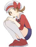  1girl absurdres blue_overalls bow brown_eyes brown_hair cabbie_hat closed_mouth commentary_request frown full_body hat hat_bow highres long_hair looking_at_viewer lyra_(pokemon) overalls pokemon pokemon_(game) pokemon_hgss red_bow red_footwear red_shirt shirt shoes simple_background solo split_mouth squatting thighhighs thighs todo_(wthmw) twintails white_background white_headwear 