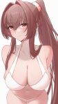  1girl absurdres arms_behind_back bare_shoulders bra breasts brown_hair cleavage dongye1551 hair_intakes highres kantai_collection large_breasts long_hair midriff navel panties ponytail red_eyes smile solo underwear upper_body white_background white_bra white_panties yamato_(kancolle) 