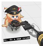  1girl animal_ears azur_lane bangs black_headwear blue_eyes blush cat_ears cat_tail chibi dress english_commentary english_text full_body gun hair_between_eyes hat highres holding holding_gun holding_weapon long_hair long_sleeves looking_ahead meme meowfficer_(azur_lane) military_hat open_mouth oscar_(azur_lane) parallelrey peaked_cap standing tail very_long_hair weapon 