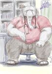  2022 anthro belly big_belly bottomwear clothing detailed_background doctor elephant elephantid god_wanko grey_body hi_res humanoid_hands kemono male mammal medical_instrument overweight overweight_male pants proboscidean scientific_instrument shirt sitting solo topwear 