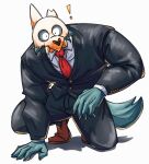  2022 anthro beastars big_muscles bottomwear canid canine canis clothed clothing crouching dress_shirt exclamation_point footwear fur halloween hi_res holidays huge_muscles jacket legoshi_(beastars) looking_at_viewer male mammal mask muscular muscular_anthro muscular_male necktie notched_ear pants shadow shirt shoes simple_background skull_mask solo suit teseirei topwear tuft white_background wide_eyed wolf 