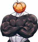  2022 abs anthro barazoku beastars biceps big_muscles big_pecs crossed_arms food for_a_head fruit fur giant_panda gouhin_(beastars) halloween hi_res holidays huge_muscles jack-o&#039;-lantern looking_at_viewer male mammal muscular muscular_anthro muscular_male navel nude pecs plant pumpkin pumpkin_head simple_background solo standing teseirei tuft ursid white_background 