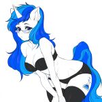  beauty_mark blue_eyes blue_hair breasts clothing cutie_mark equid equine eyewear fan_character female fluffy_ears glasses hair hasbro hi_res horn indifferent looking_at_viewer mammal my_little_pony slim small_breasts solo underwear unicorn yuwi-cyu 