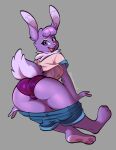  &lt;3 &lt;3_eyes 3_toes anthro bent_over bottomwear braless breasts butt clothed clothing denim denim_clothing digital_media_(artwork) eyelashes feet female fingers fur hair hi_res lagomorph leporid looking_at_viewer looking_back mammal multicolored_body multicolored_fur nipples open_mouth panties pawpads pink_nose purple_body purple_clothing purple_fur purple_hair purple_panties purple_underwear rabbit rear_view shirt shorts simple_background smile solo teeth toes tongue topwear two_tone_body two_tone_fur underwear 