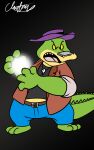  2021 3_toes 4_fingers alligator alligatorid anthro biped bottomwear brok_(character) brok_the_investigator clothing crocodilian dragon_ball feet fingers green_body hat headgear headwear hi_res pants parody reptile scalie shirt simple_background slightly_chubby sobieniak solo toes topwear video_games 