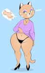  2022 anthro breasts camel_toe cleavage clothed clothing domestic_cat eyeshadow felid feline felis female hi_res makeup mammal navel panties simple_background smile solo underwear usnarbit wide_hips 