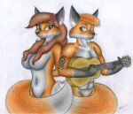  abs anthro breasts canid canine convenient_censorship eliza_gardis female fox gedvin_volpent guitar hair hair_covering_breasts hi_res male male/female mammal musical_instrument nude plucked_string_instrument sinaherib solo string_instrument traditional_media_(artwork) 