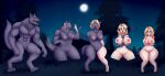  2022 abs absurd_res anthro anthro_to_human big_breasts blonde_hair blue_eyes blush breast_growth breasts canid canine digitigrade embarrassed female flybeeth full_moon gender_transformation genitals growth hair hi_res human looking_at_viewer looking_down male mammal moon mtf_transformation muscle_shrinking navel night nude outside pussy shrinking size_transformation smile species_transformation standing surprise surprsied transformation were werecanid werecanine werewolf wide_hips 