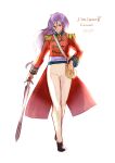  1girl absurdres cannoneer cannoneer_(final_fantasy) faris_scherwiz final_fantasy final_fantasy_v green_eyes highres holding holding_sword holding_weapon komugiko_no_mori long_hair pants purple_hair sack square_enix sword uniform weapon white_pants 