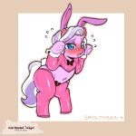  1:1 2022 blue_eyes blush bodily_fluids clothed clothing cold-blooded-twilight diamond_tiara_(mlp) equid equine female flying_sweatdrops friendship_is_magic fur hasbro hi_res horse mammal my_little_pony navel pink_body pink_fur pony reverse_bunny_costume solo sweat sweatdrop 