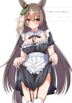  1girl alternate_costume animal_ears apron blush brown_hair commentary_request enmaided garter_belt herohero_(higashi_no_dou) highres horse_ears horse_girl horse_tail lifted_by_self long_hair looking_at_viewer maid satono_diamond_(umamusume) simple_background smile solo tail thighhighs translation_request umamusume white_background 