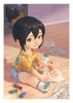  1girl black_hair blizzard_(company) blue_shorts border bow brown_eyes cabinet child_drawing commentary company_name crayon drawing english_commentary fox green_socks hair_bow hair_ribbon highres holding holding_crayon indoors kiriko_(overwatch) medium_hair multicolored_clothes multicolored_legwear official_art overwatch overwatch_2 paper parted_lips ribbon shorts sitting socks solo topknot white_border white_socks will_murai wooden_floor yellow_ribbon 