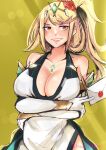  1girl alternate_costume bangs bare_shoulders blonde_hair blush breasts chest_jewel cleavage detached_sleeves dress envelope fire_emblem gem gloves headpiece highres huge_breasts letter long_hair mythra_(xenoblade) plunging_neckline ponytail side_slit smash_invitation smile super_smash_bros. swept_bangs thighs tiara very_long_hair vialnite wax_seal white_dress white_gloves xenoblade_chronicles_(series) xenoblade_chronicles_2 yellow_eyes 