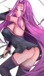  1girl ass facial_mark fate/grand_order fate_(series) forehead forehead_mark highres linzhekuan medusa_(fate) medusa_(rider)_(fate) nameless_dagger_(fate) purple_hair simple_background solo white_background 