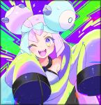  1girl aqua_hair ayuma_night character_hair_ornament hair_ornament highres iono_(pokemon) jacket long_sleeves looking_at_viewer multicolored_hair one_eye_closed open_mouth oversized_clothes pink_hair pokemon pokemon_(game) pokemon_sv sharp_teeth smile teeth two-tone_hair upper_body 