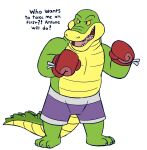  2022 3_toes alligator alligatorid anthro bottomwear boxing_gloves boxing_shorts brok_(character) brok_the_investigator clothing crocodilian dialogue english_text feet glassesgator green_body handwear hi_res male reptile scalie shorts simple_background solo text toes video_games white_background 