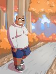  2022 anthro black_nose bottomwear brown_body clothing detailed_background eyewear glasses hi_res hoodie humanoid_hands kemono kick_(artist) male mammal outside overweight overweight_male plant shorts solo topwear tree ursid 